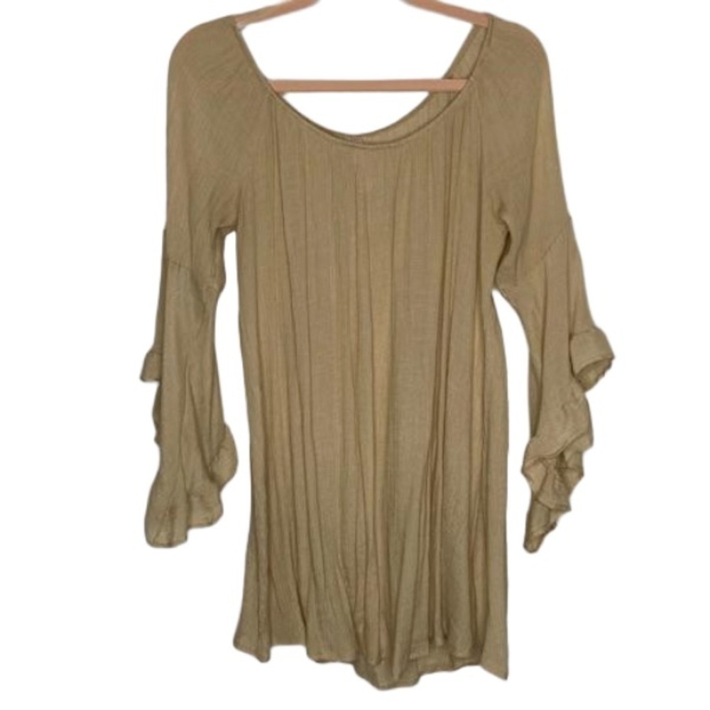 J mode USA Beige 3/4 Ruffle Sleeve Semi-Sheer Size S-M Stretchy Gathered NWOT